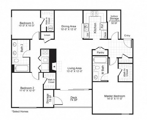 Floor plan for 3 beds, 2 baths, 1419 sqft